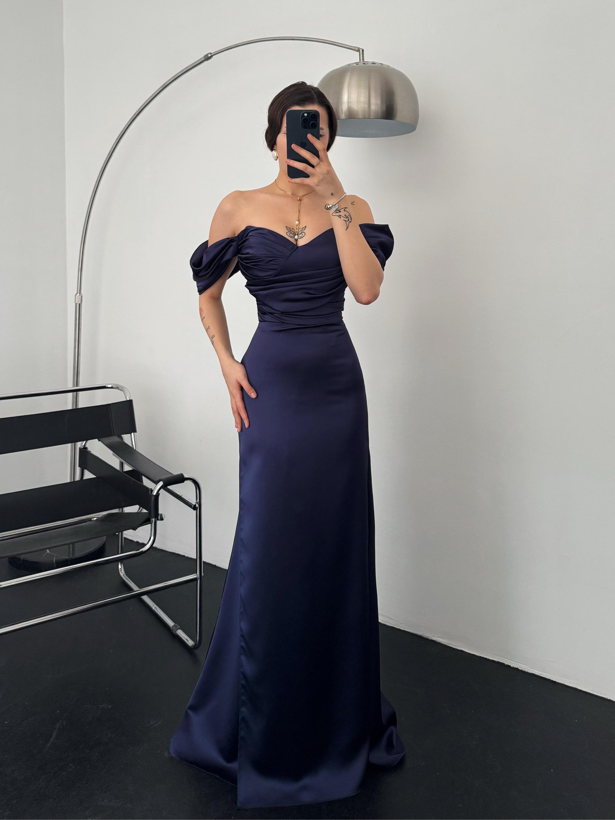 Ruched Off-Shoulder Satin Maxi Dress - Navy
