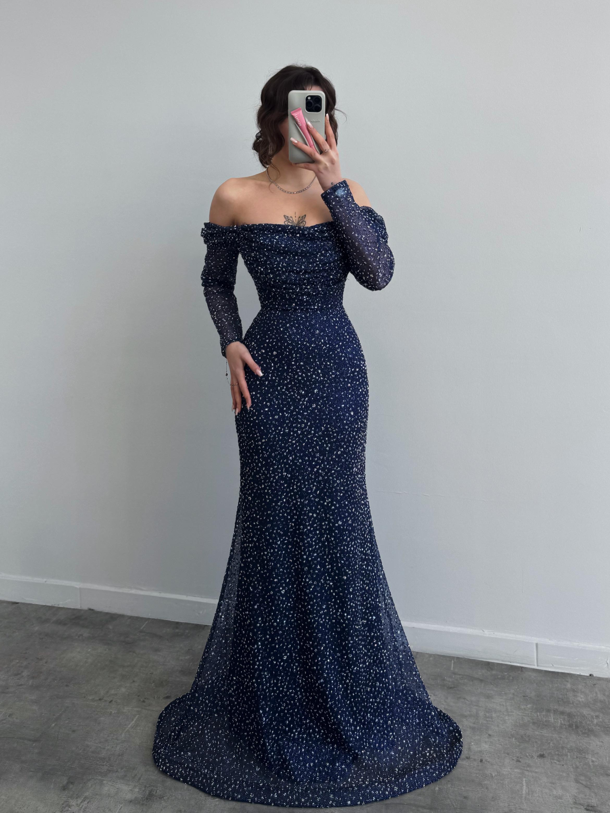 Beaded Off-Shoulder Long Sleeve Maxi Dress - Navy
