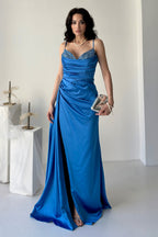 Embellished Cowl Neck Satin Maxi Dress - Blue