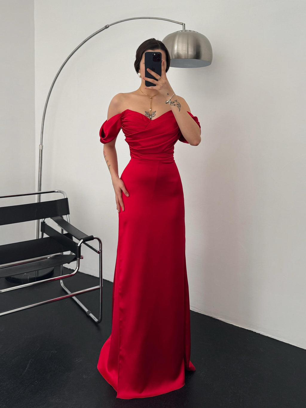 Ruched Off-Shoulder Satin Maxi Dress - Red