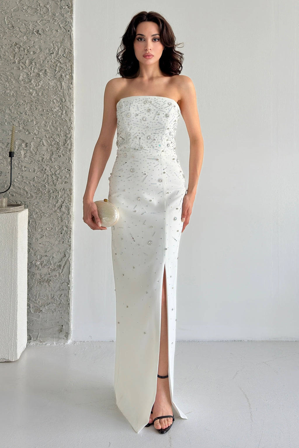 Embroidered Strapless Slit Maxi Dress - White