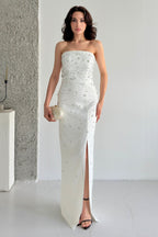 Embroidered Strapless Slit Maxi Dress - White