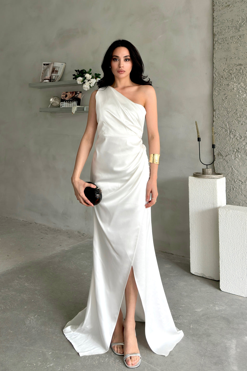 Draped One-Shoulder Satin Maxi Dress - White