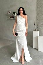 Draped One-Shoulder Satin Maxi Dress - White