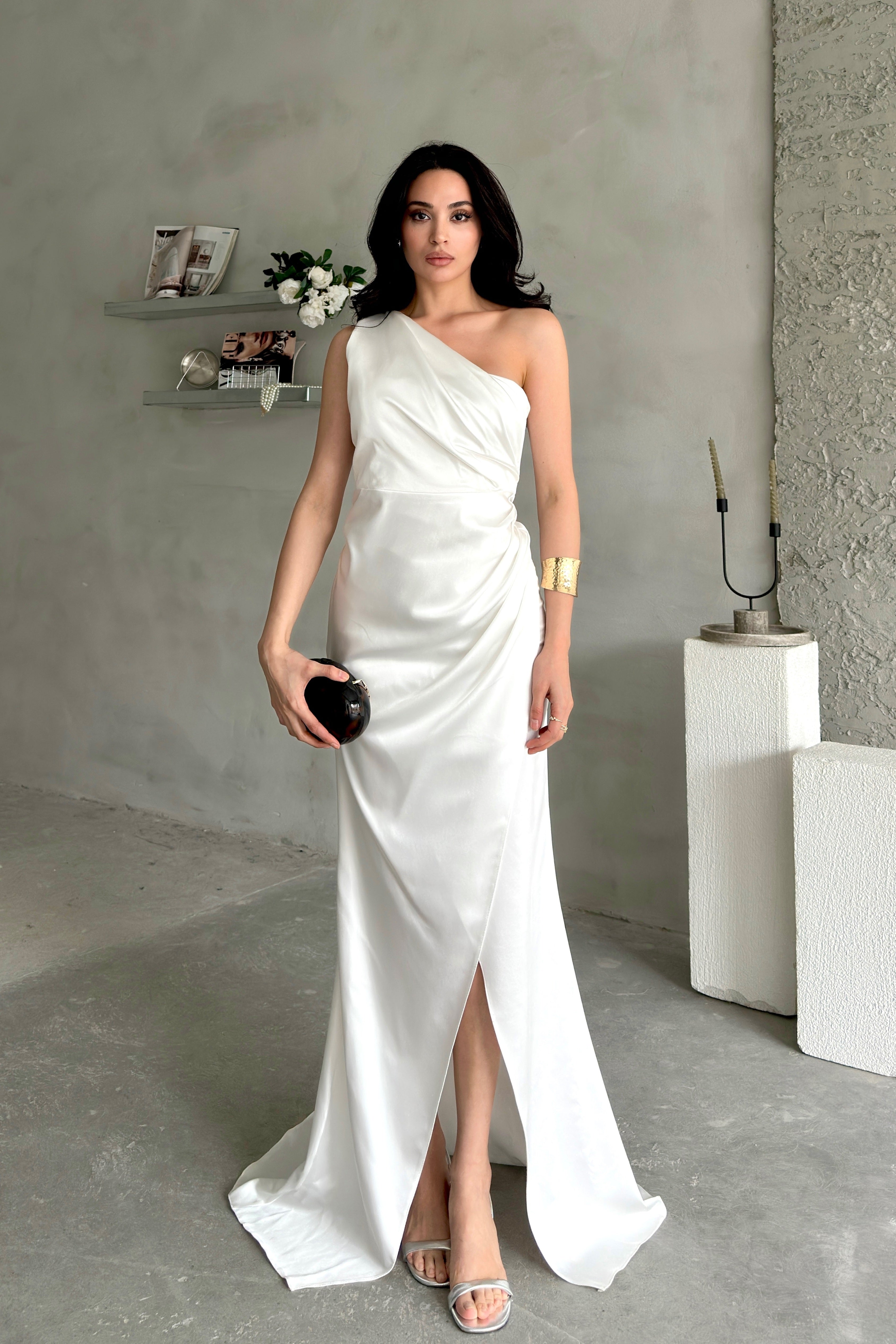 Draped One-Shoulder Satin Maxi Dress - White