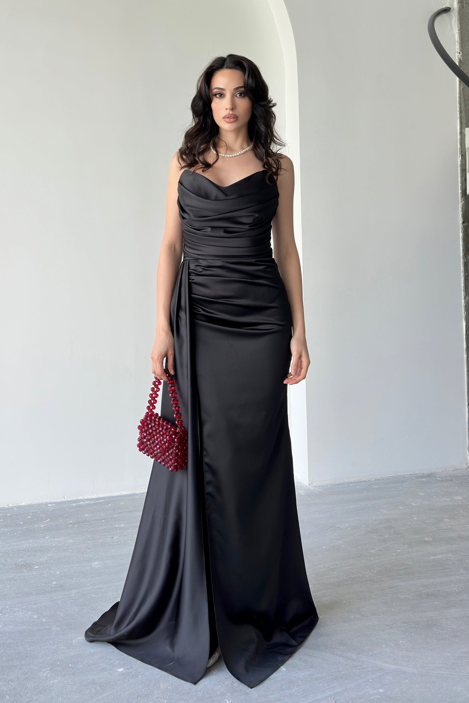 Draped Strapless Satin Maxi Dress - Black