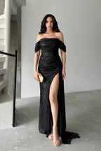 Sequined Off-Shoulder Slit Maxi Dress - Black