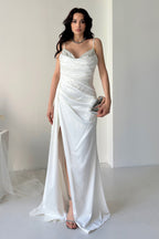 Embellished Cowl Neck Satin Maxi Dress - White