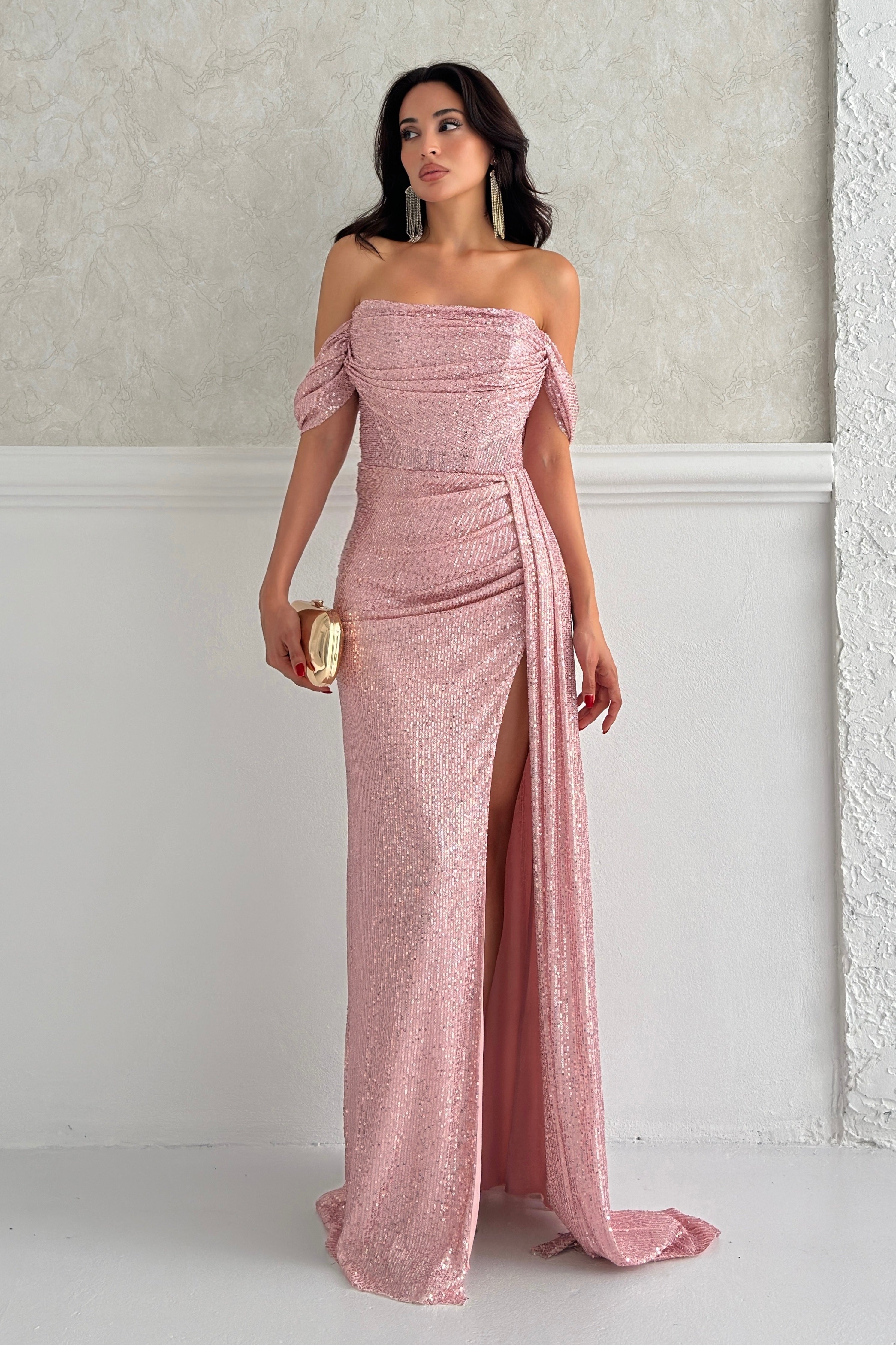 Sequined Off-Shoulder Slit Maxi Dress - Powder