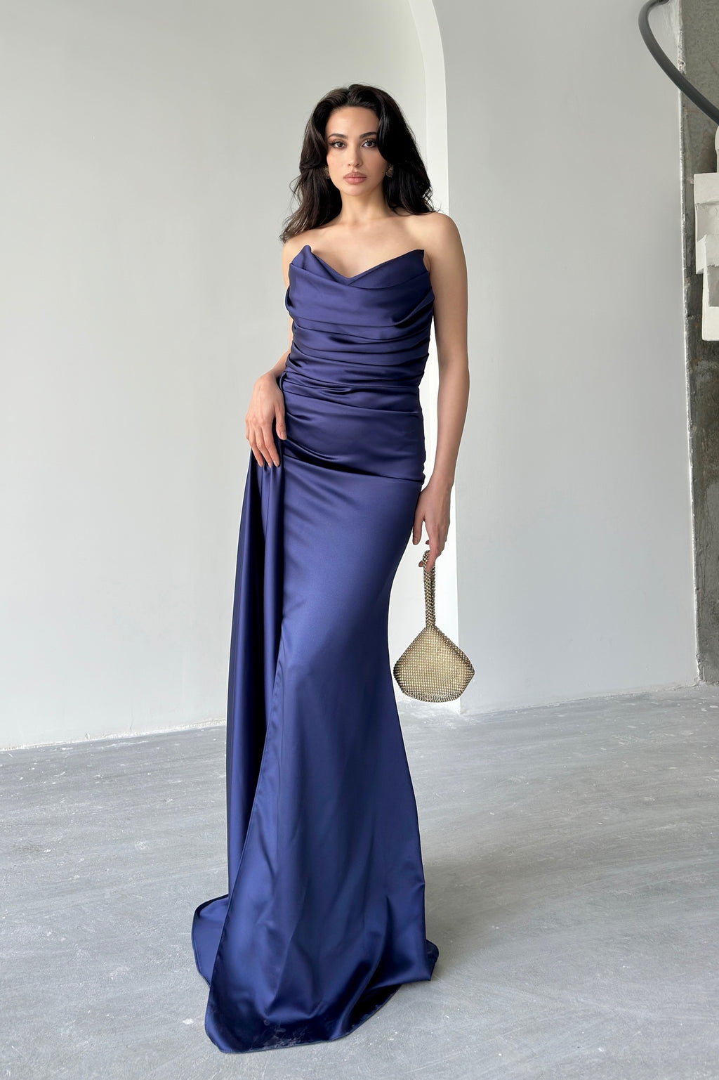 Draped Strapless Satin Maxi Dress - Navy