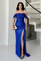 Sequined Off-Shoulder Slit Maxi Dress - Royal Blue