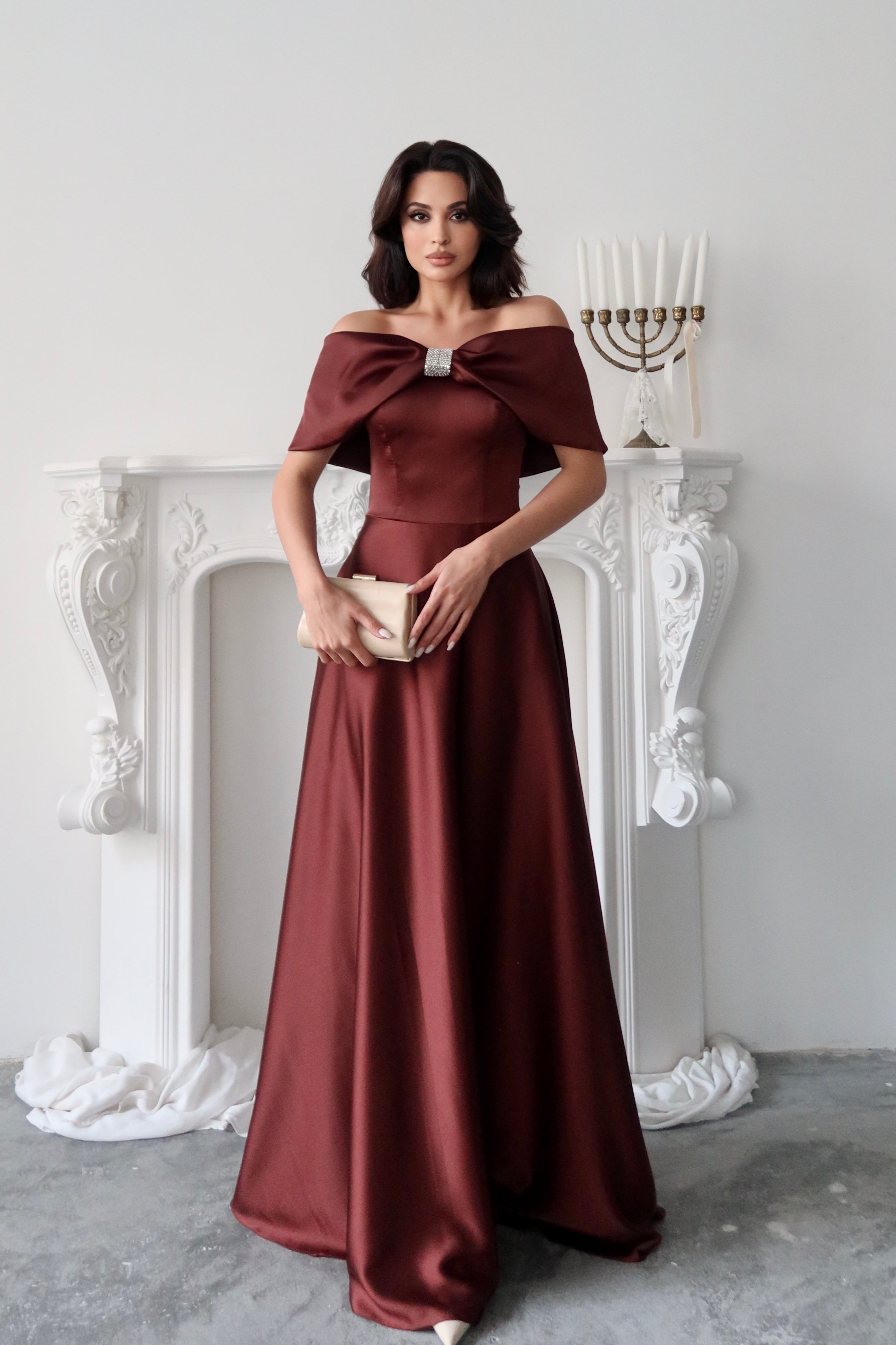 Off-Shoulder Bow Structured Satin Maxi Dress - Deep Brown
