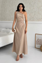 Patterned One-Shoulder Cut-Out Maxi Dress - Stone - Mirelline Store