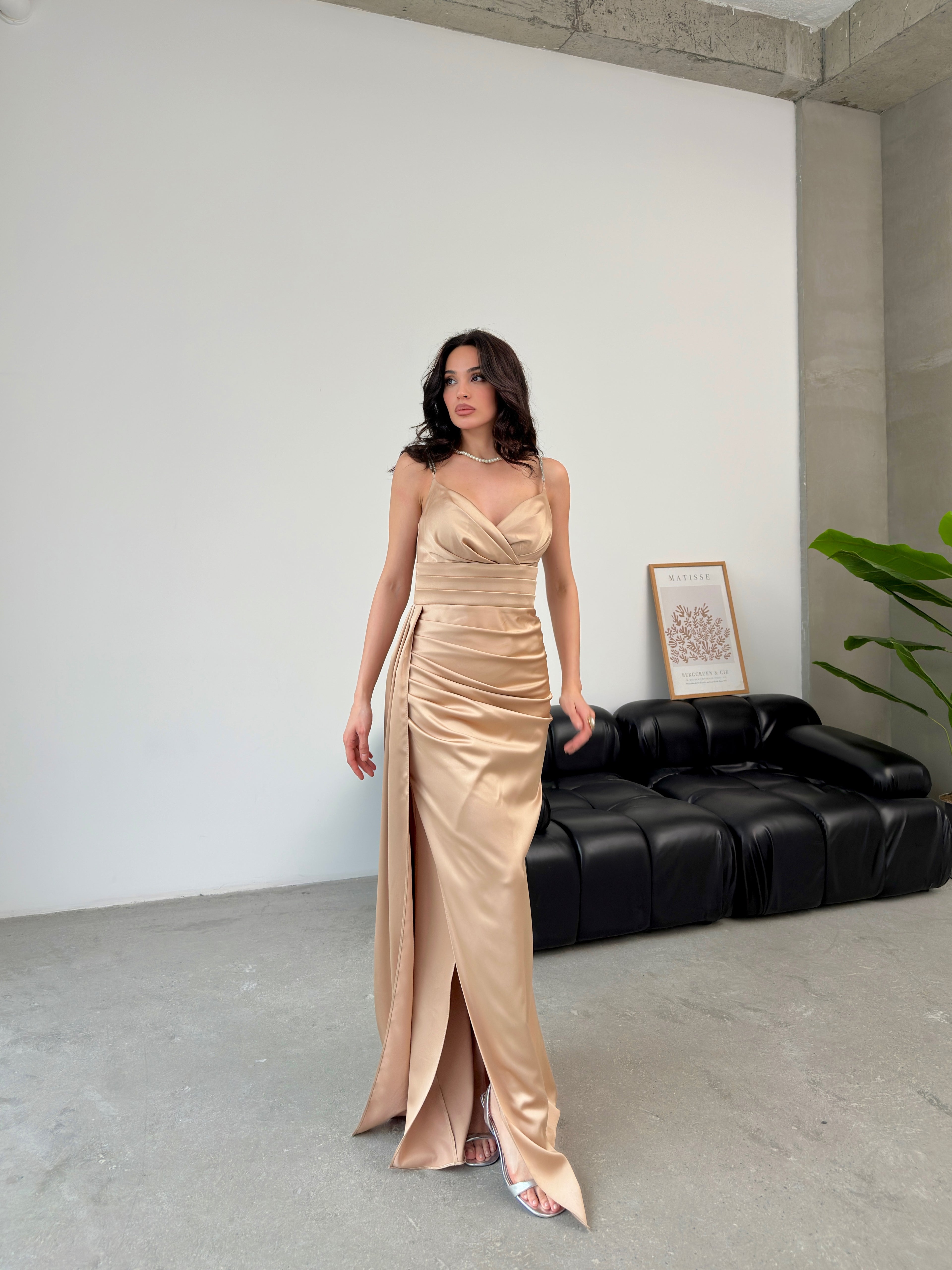 Rhinestone Strap Ruched Satin Maxi Dress - Beige