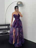 Ruffle Tier Strapless Chiffon Maxi Dress - Purple Multi