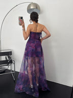 Ruffle Tier Strapless Chiffon Maxi Dress - Purple Multi