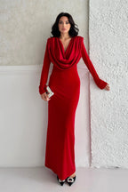 Cowl Neck Long Sleeve Maxi Dress - Red - Mirelline Store