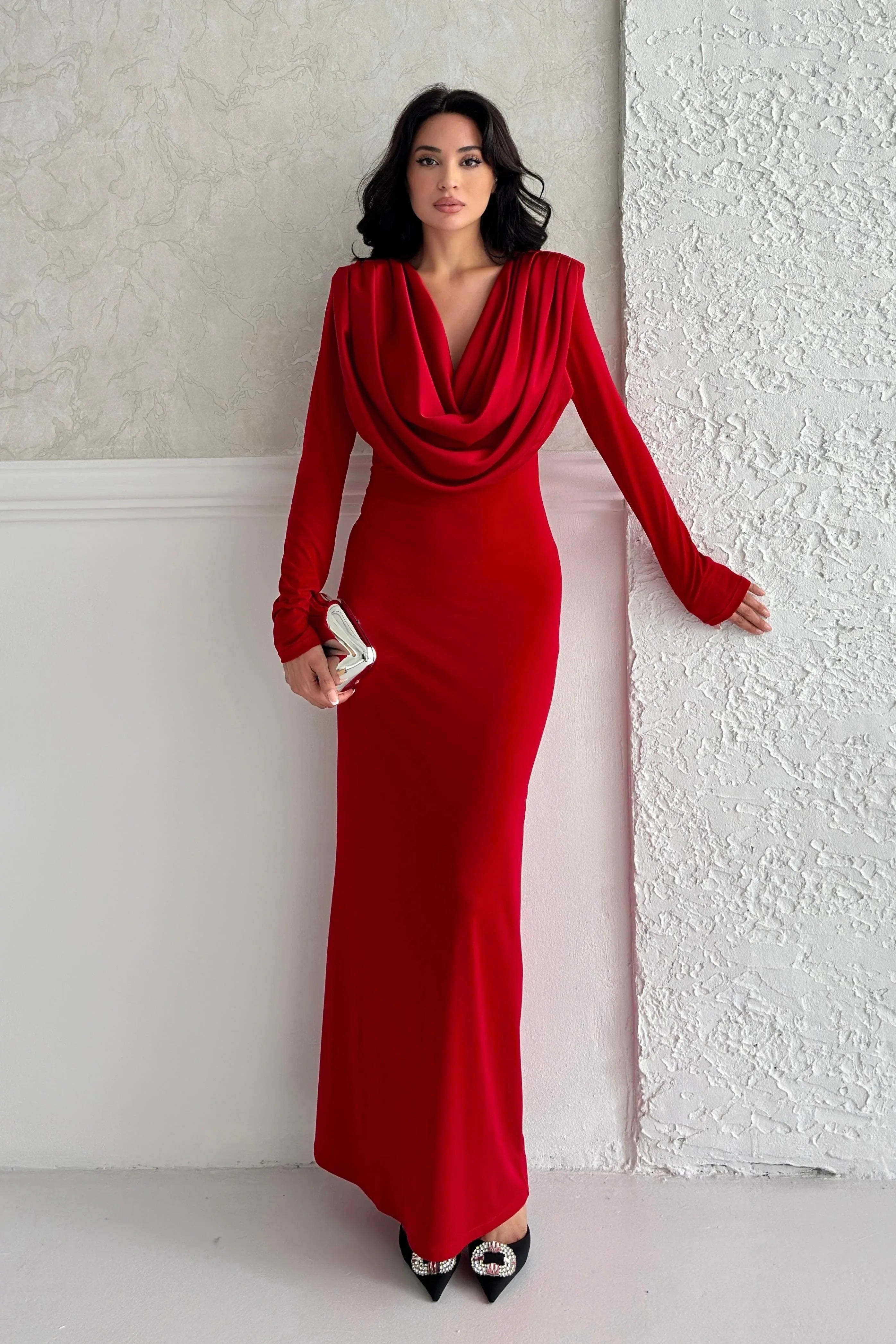 Cowl Neck Long Sleeve Maxi Dress - Red - Mirelline Store