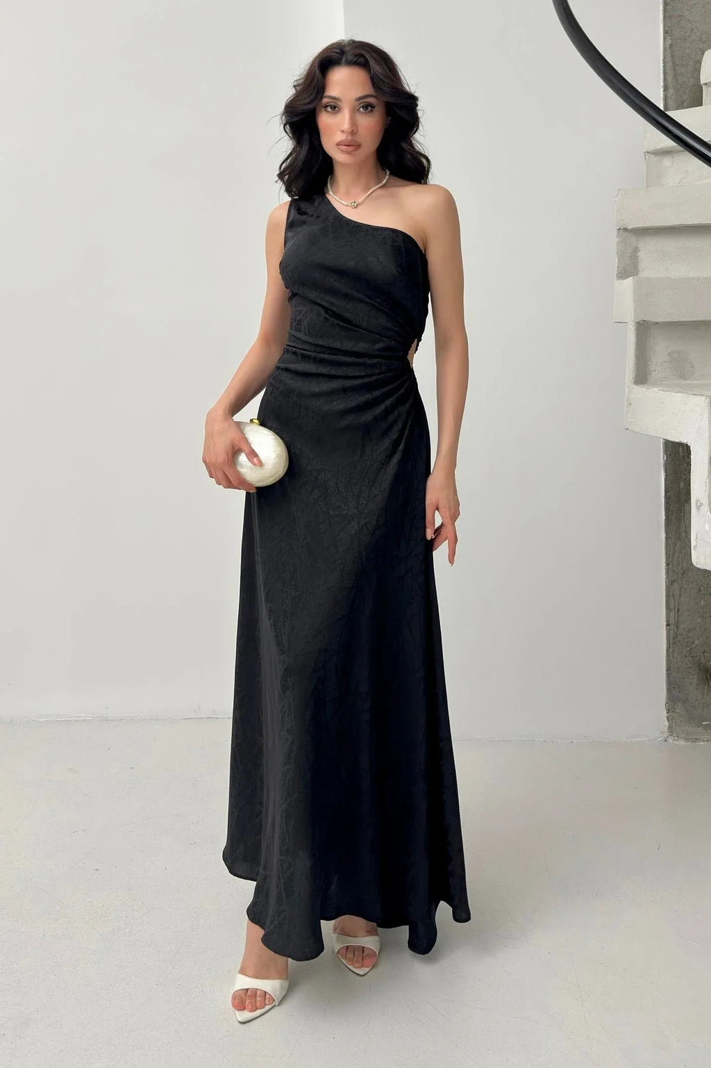 Patterned One-Shoulder Cut-Out Maxi Dress - Black - Mirelline Store