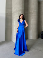 Surplice Neck Floral Shoulder Satin Maxi Dress - Saxe Blue