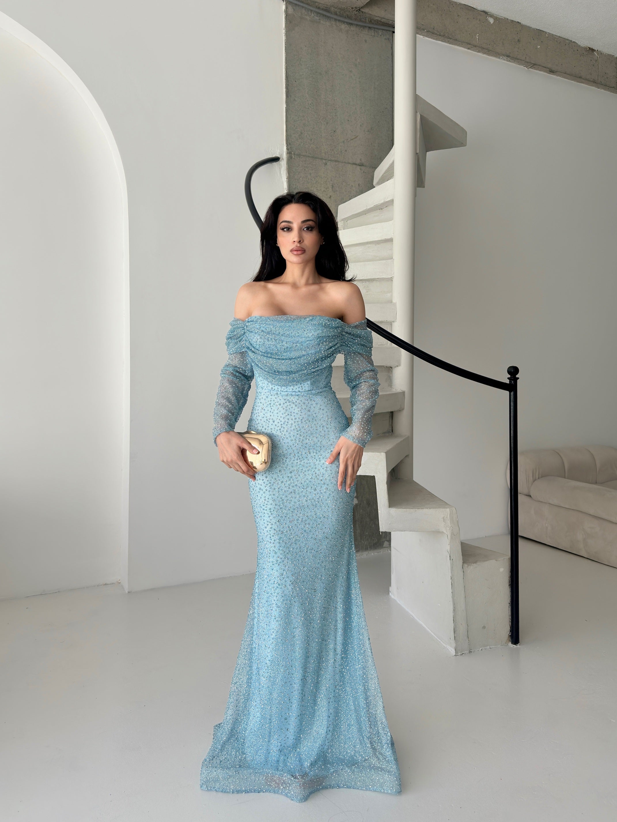Beaded Off-Shoulder Long Sleeve Maxi Dress - Baby Blue