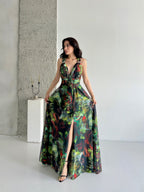 Printed Tie-Waist Chiffon Maxi Dress - Green Multi