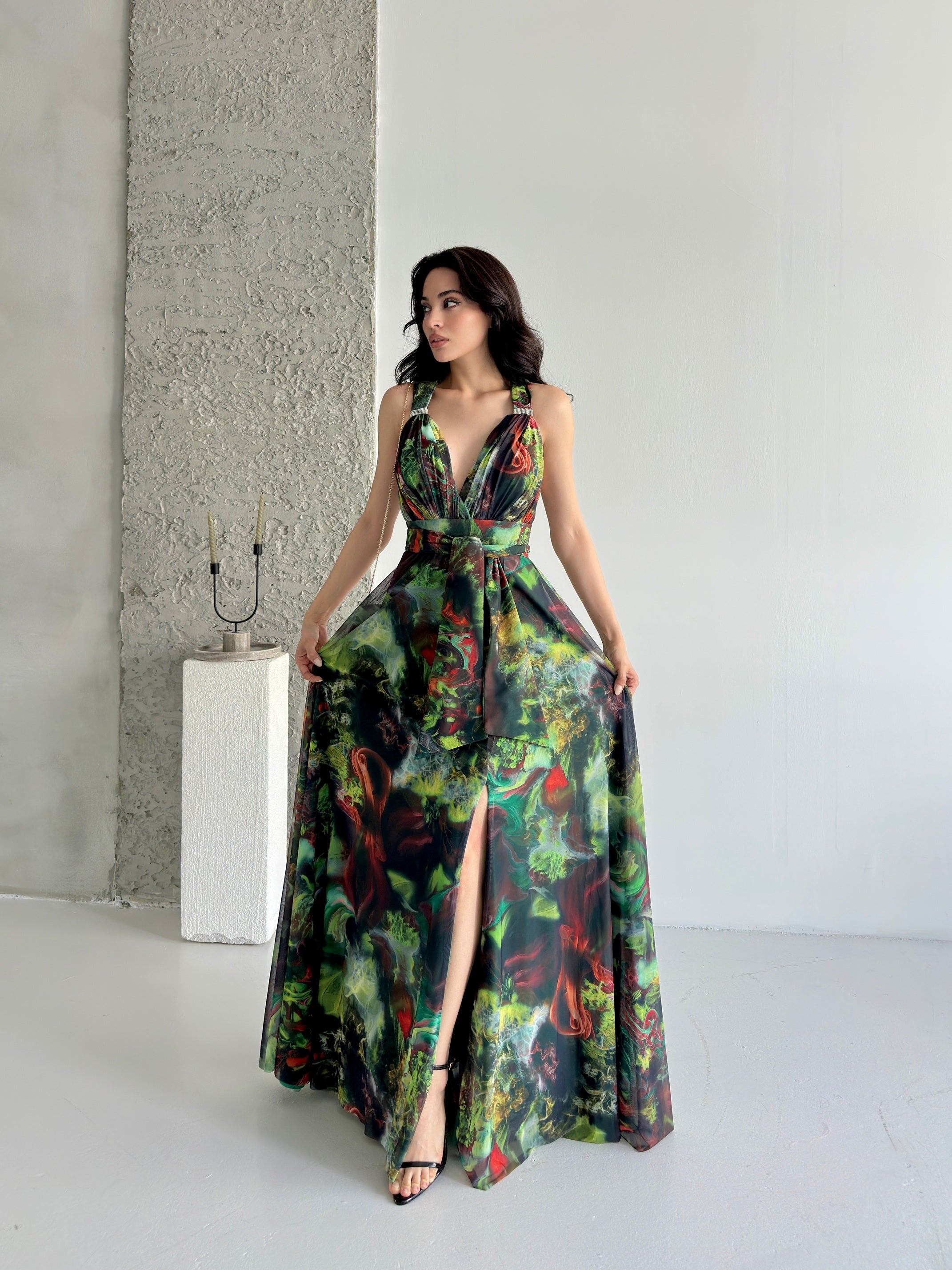 Printed Tie-Waist Chiffon Maxi Dress - Green Multi