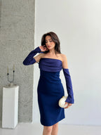 Detachable Sleeve Satin Midi Dress - Navy - Mirelline Store