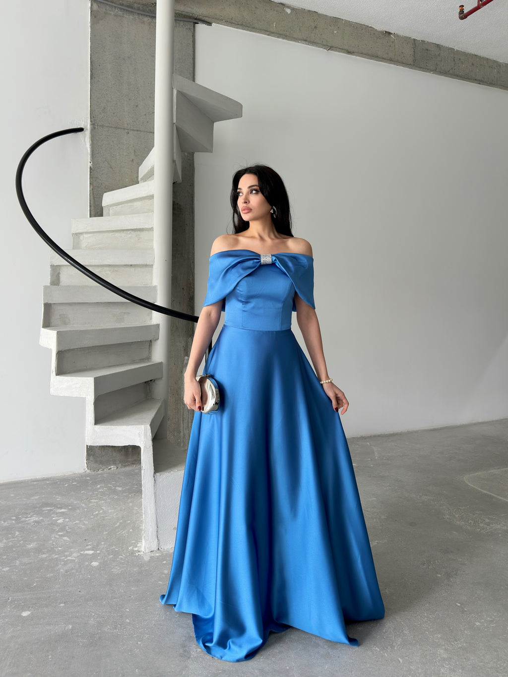 Bow Detail Off-Shoulder Satin Maxi Dress - Blue