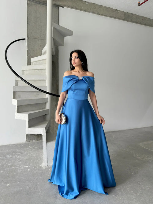 Bow Detail Off-Shoulder Satin Maxi Dress - Blue - Mirelline Store