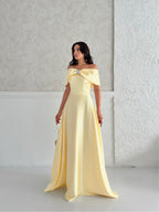 Off-Shoulder Bow Structured Satin Maxi Dress - Pale Yellow