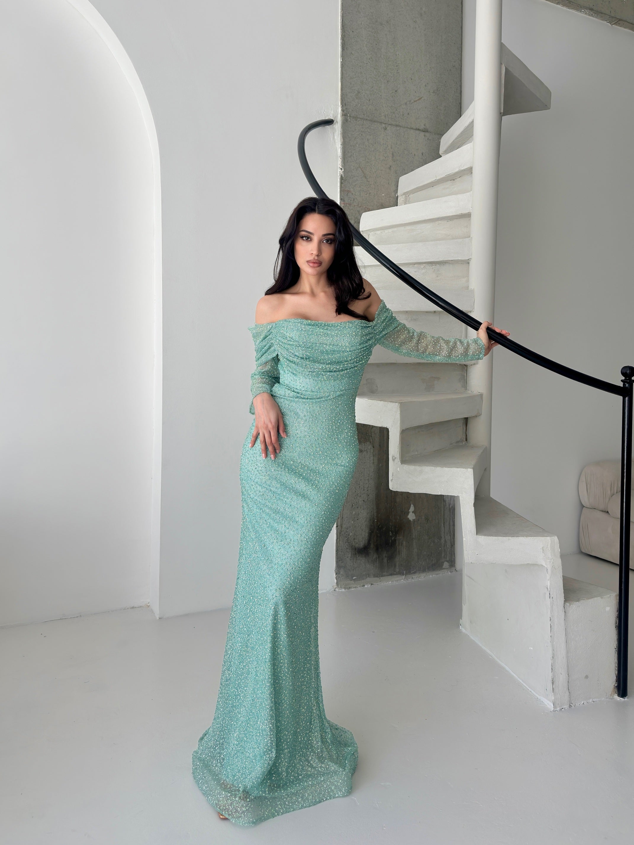 Beaded Off-Shoulder Long Sleeve Maxi Dress - Mint