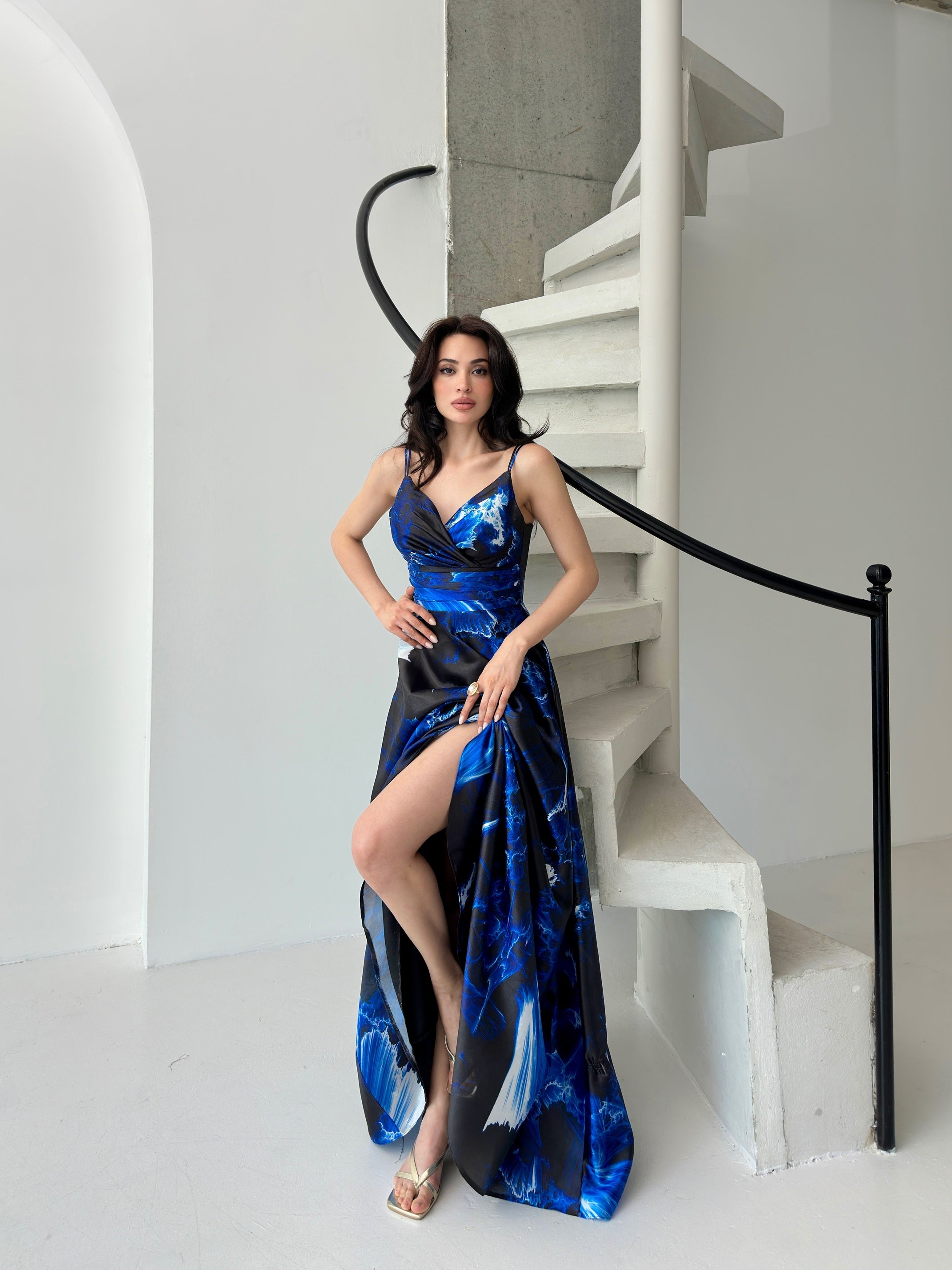 Printed Wrap-Neck Organza Maxi Dress - Saxe Blue Multi