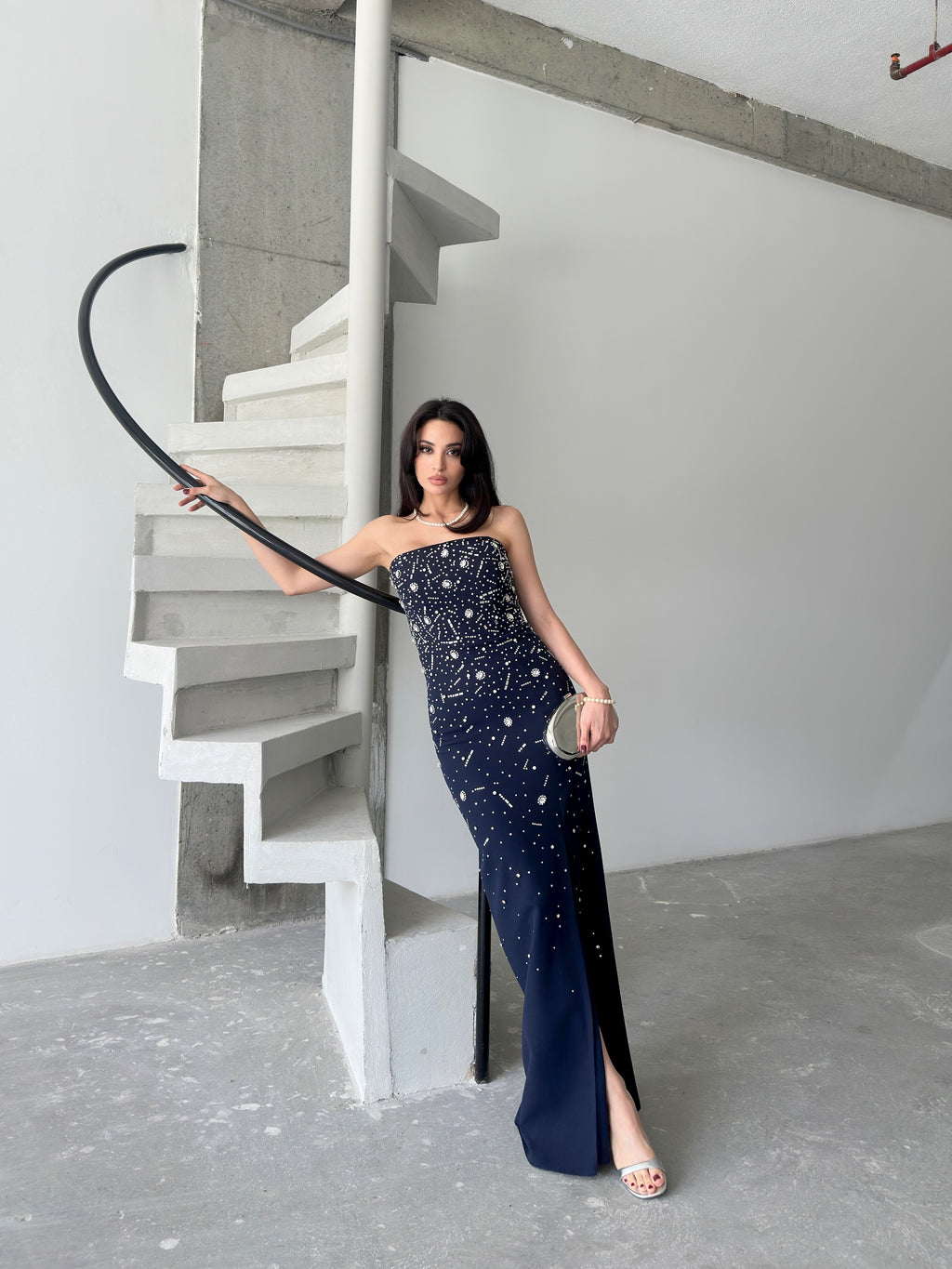 Embroidered Strapless Slit Maxi Dress - Navy