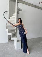 Embroidered Strapless Slit Maxi Dress - Navy