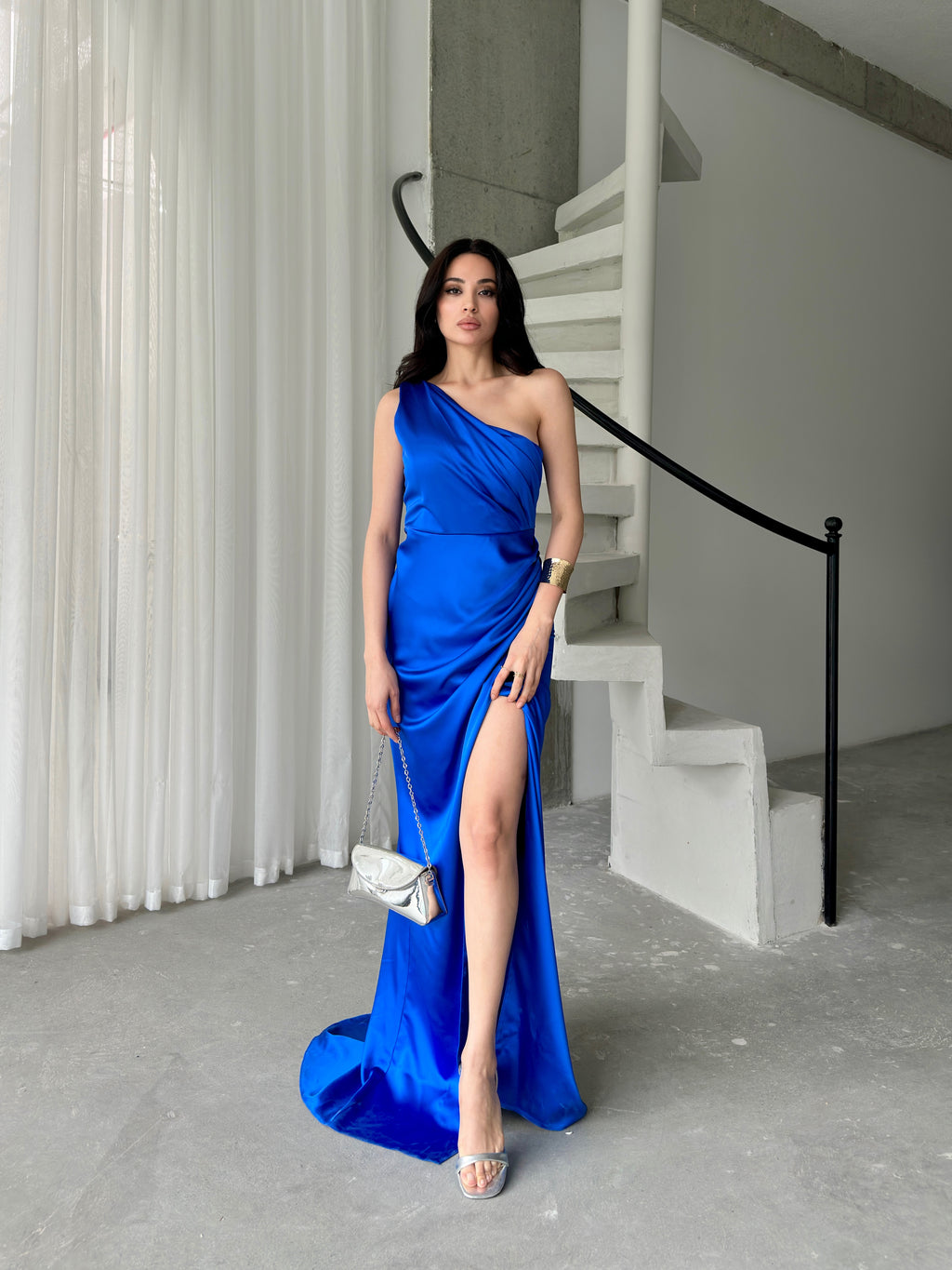 Draped One-Shoulder Satin Maxi Dress - Saxe Blue