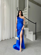 Draped One-Shoulder Satin Maxi Dress - Saxe Blue