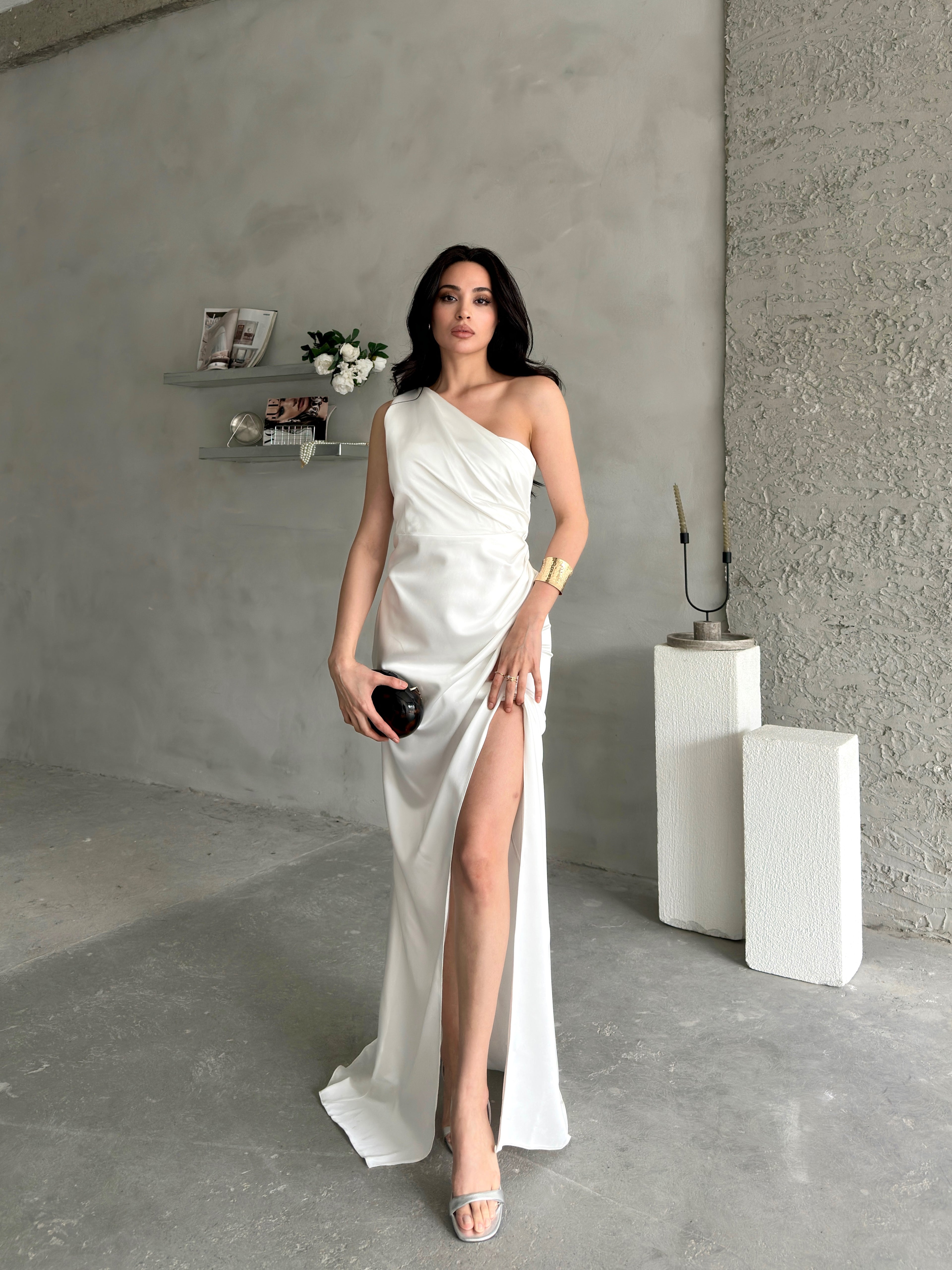 Draped One-Shoulder Satin Maxi Dress - White