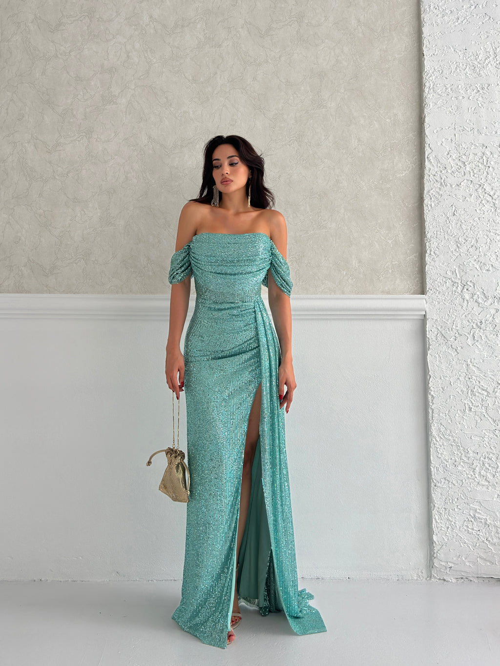 Sequined Off-Shoulder Slit Maxi Dress - Mint