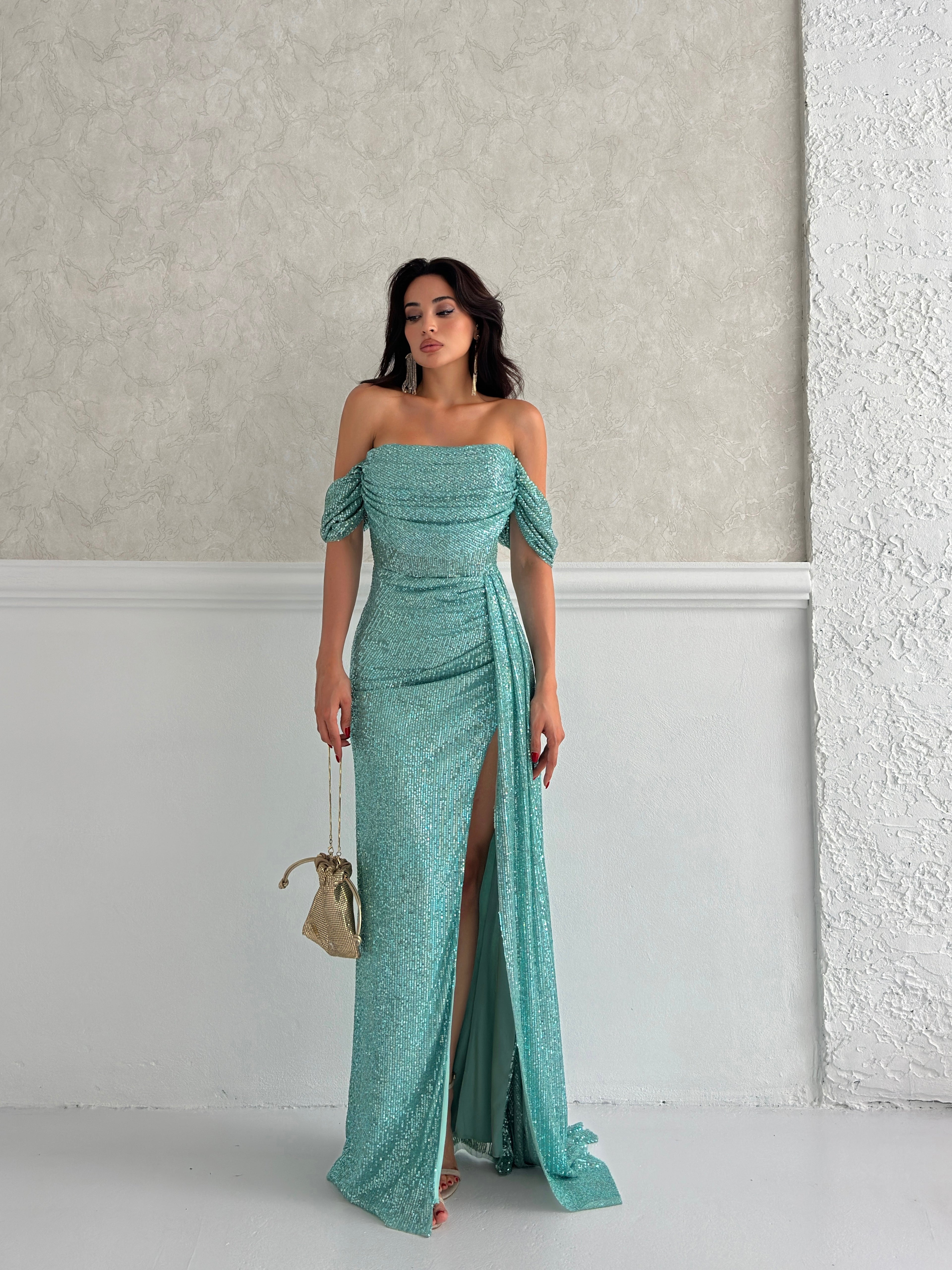 Sequined Off-Shoulder Slit Maxi Dress - Mint
