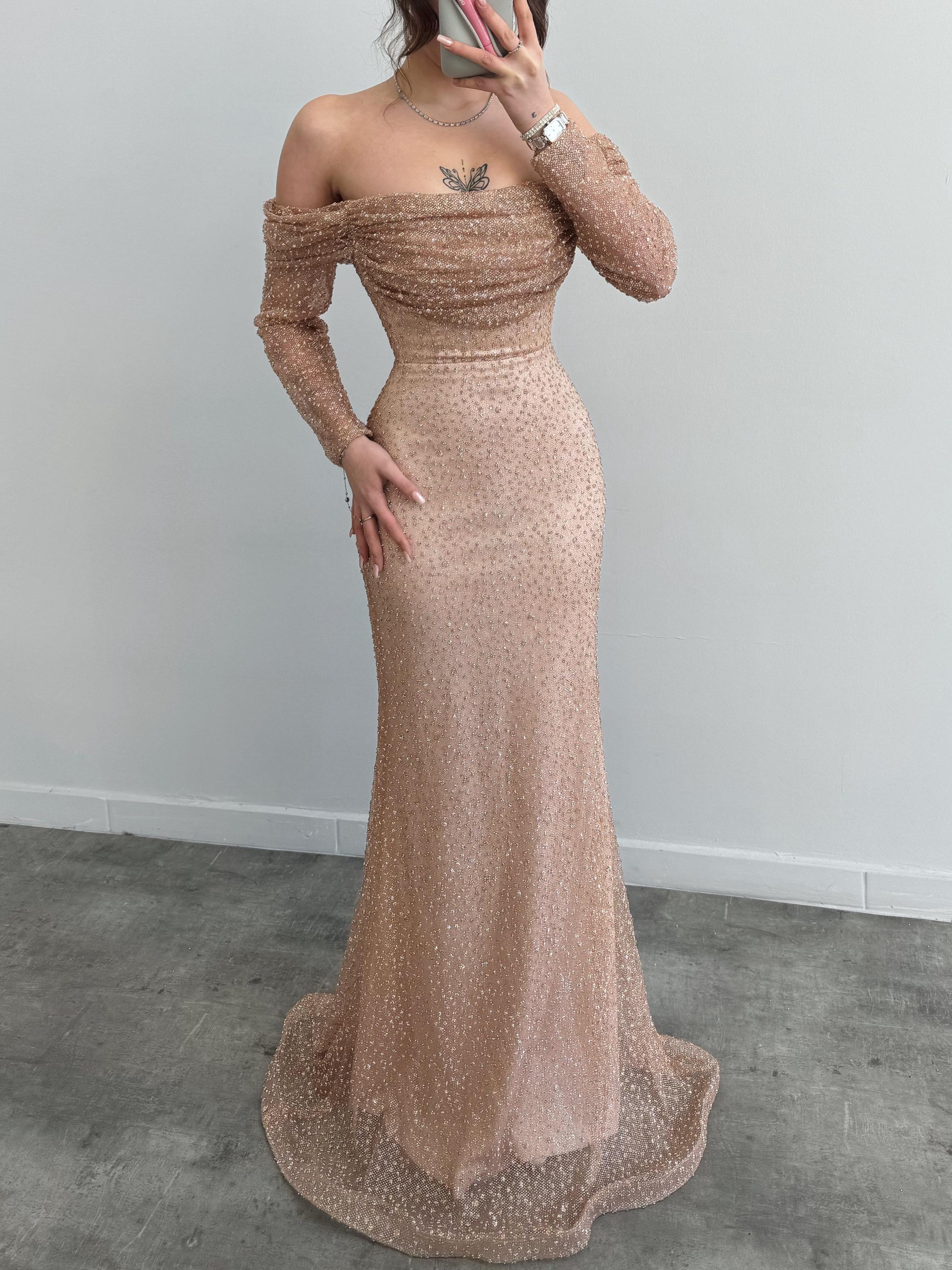 Beaded Off-Shoulder Long Sleeve Maxi Dress - Gold