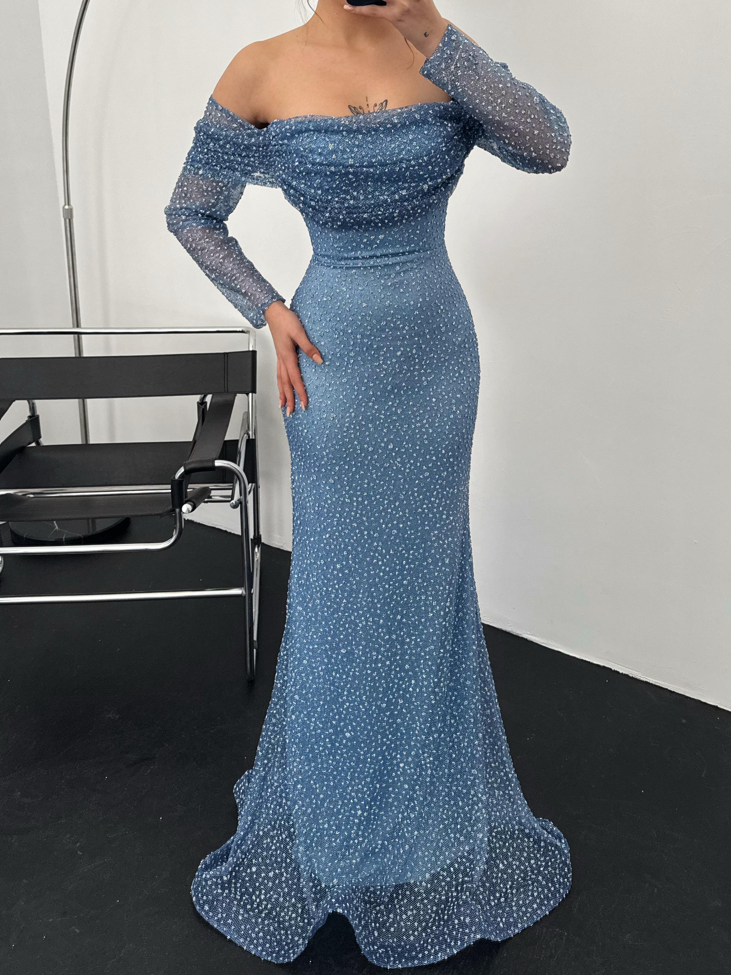 Beaded Off-Shoulder Long Sleeve Maxi Dress - Blue