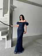 Beaded Off-Shoulder Puff Sleeve Maxi Dress - Navy