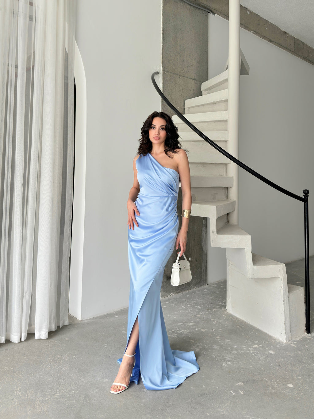 Draped One-Shoulder Satin Maxi Dress - Baby Blue
