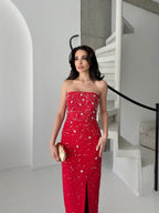 Embroidered Strapless Slit Maxi Dress - Red