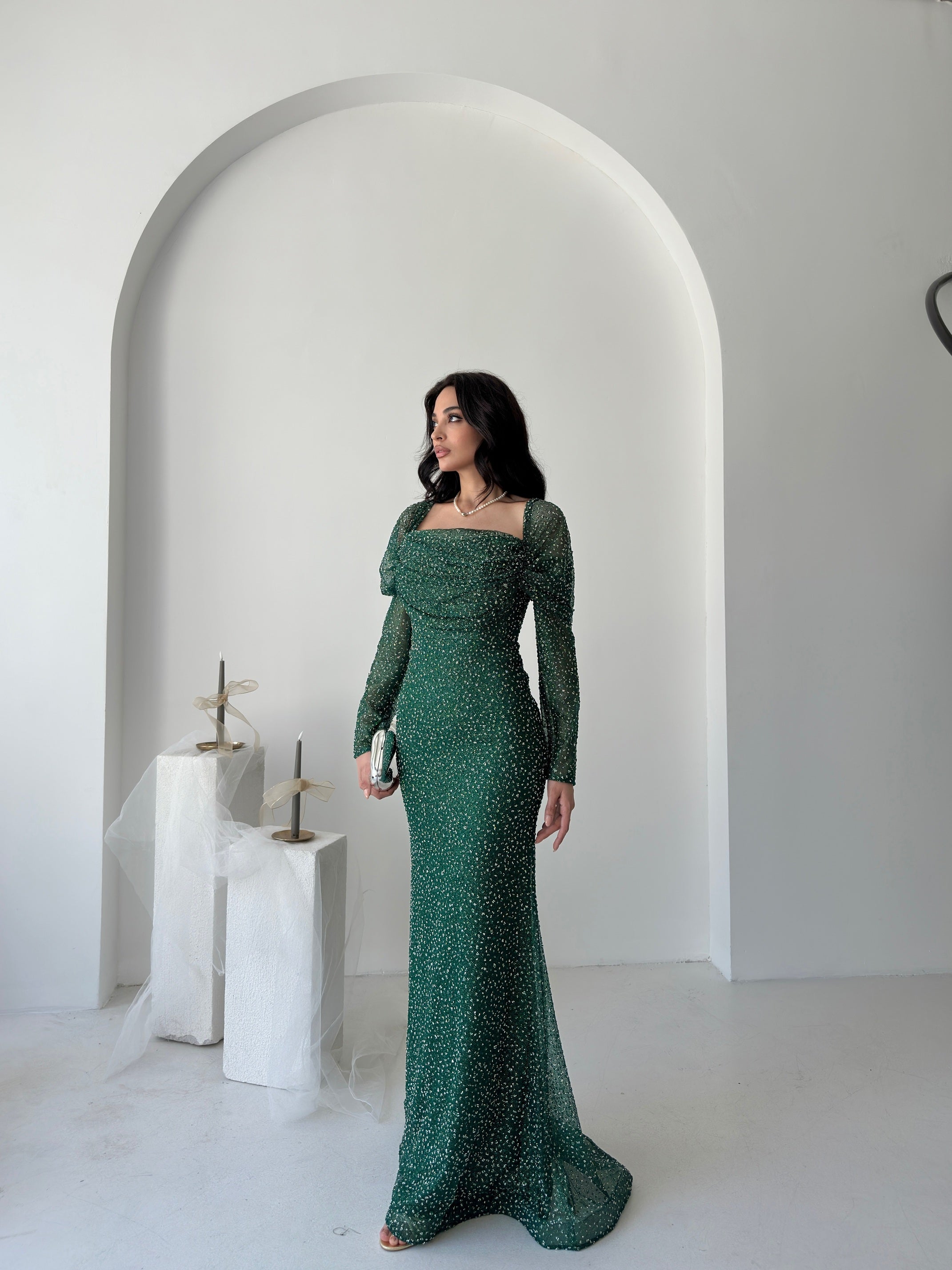 Beaded Off-Shoulder Long Sleeve Maxi Dress - Emerald