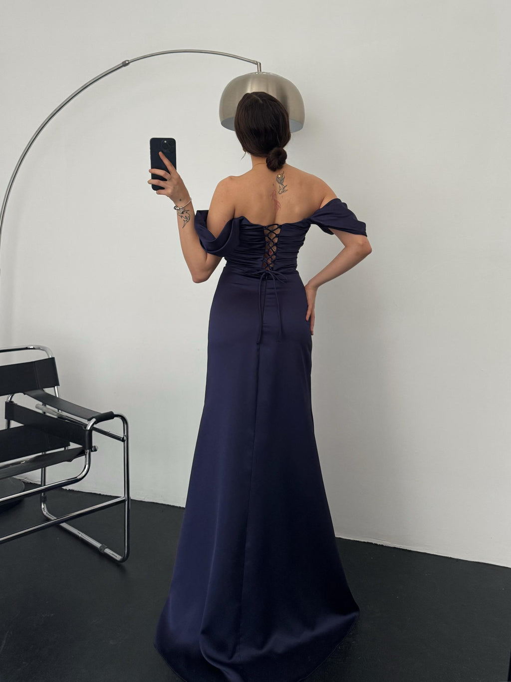 Ruched Off-Shoulder Satin Maxi Dress - Navy