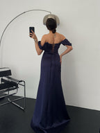 Ruched Off-Shoulder Satin Maxi Dress - Navy