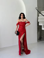 Sequined Off-Shoulder Slit Maxi Dress - Red