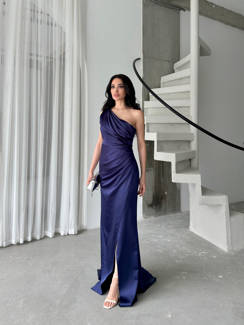 Draped One-Shoulder Satin Maxi Dress - Navy